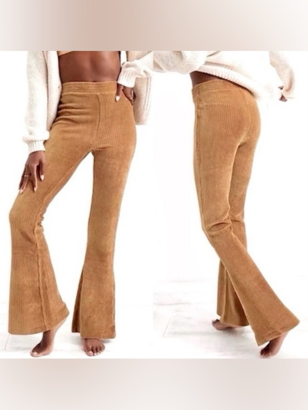 aerie Corduroy Flared Pants in Camel Tan
